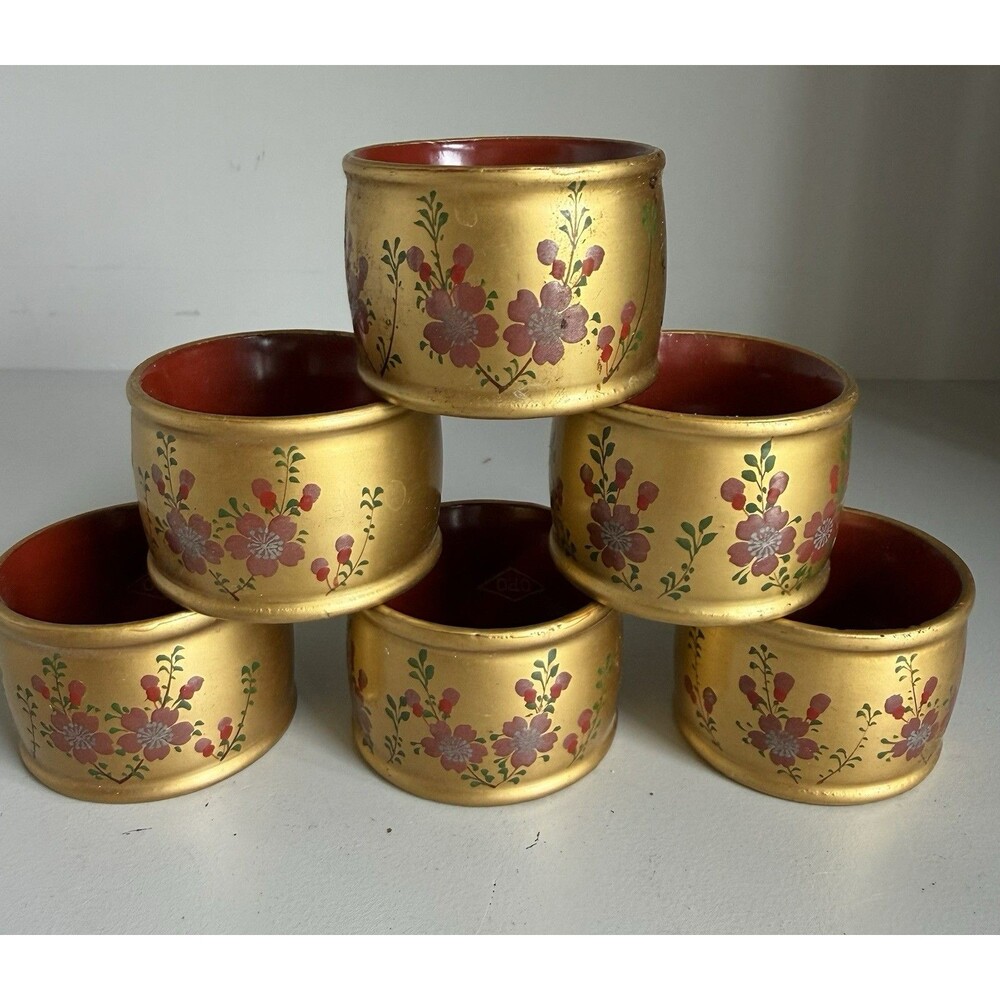 6 Vintage Made in Occupied Japan Golden Lacquered Hand Painted Napkin Holders